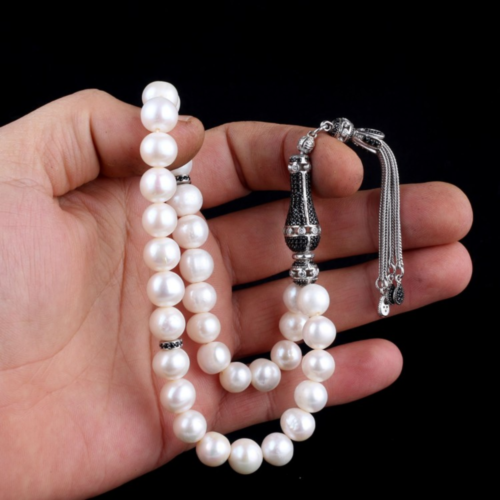 Zirkon Set Gümüş Püsküllü 10mm İnci Taşlı Tesbih