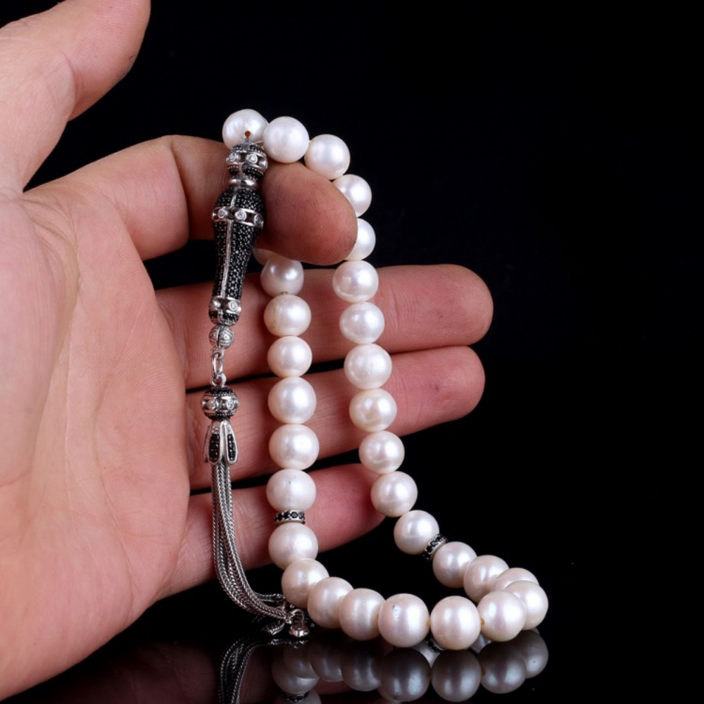 Zirkon Set Gümüş Püsküllü 10mm İnci Taşlı Tesbih