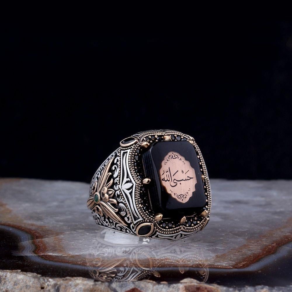 Zirkon Taş Detaylı Hasbiyallah Gümüş Yüzük