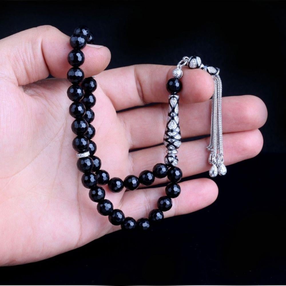 Zirkon Taş Gümüş Püsküllü Kristal Kesme Oniks Taşı Tesbih