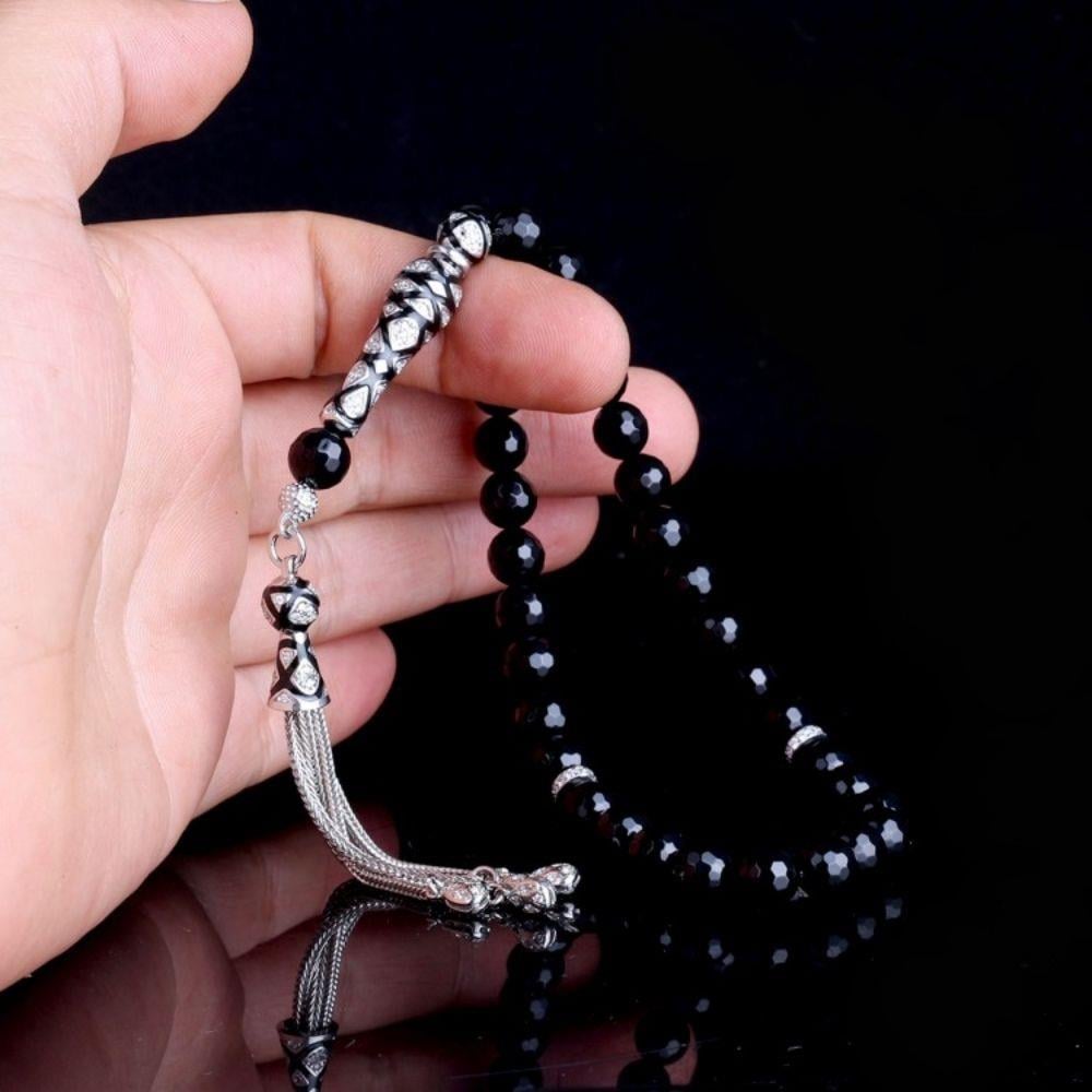 Zirkon Taş Gümüş Püsküllü Kristal Kesme Oniks Taşı Tesbih