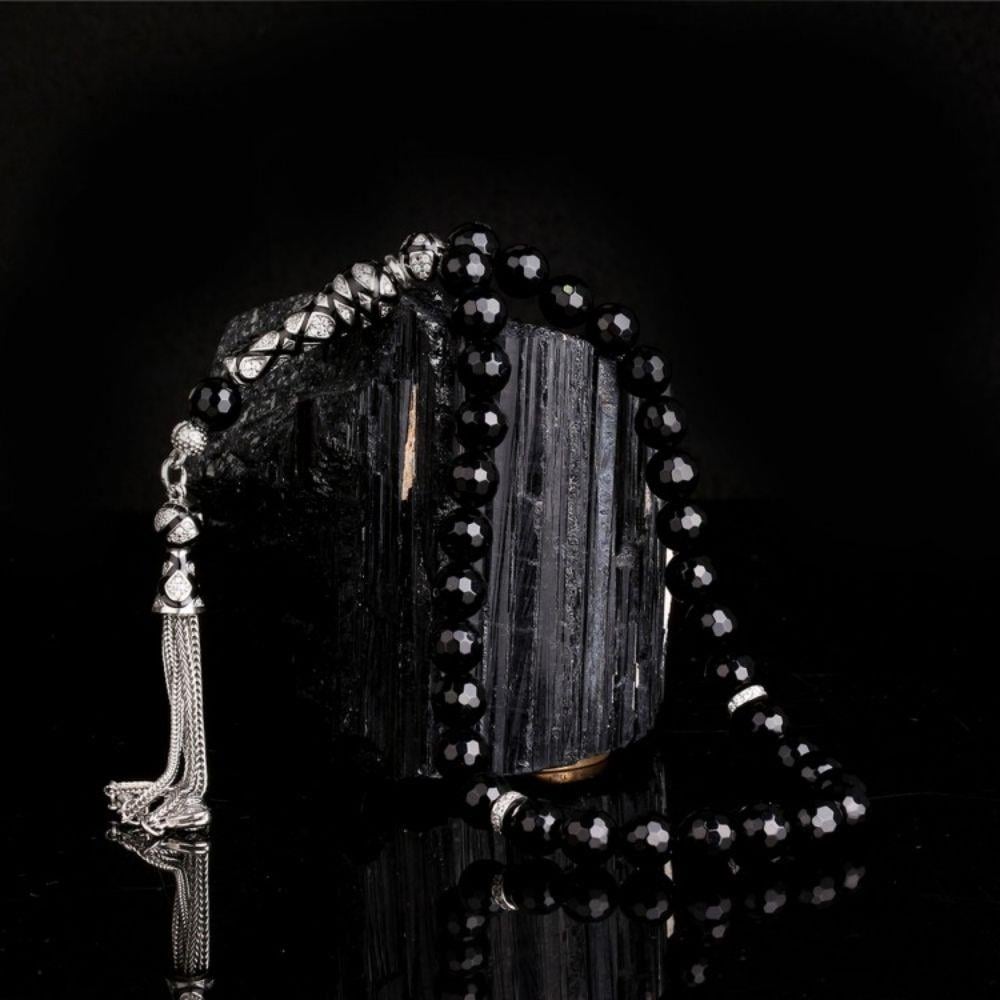 Zirkon Taş Gümüş Püsküllü Kristal Kesme Oniks Taşı Tesbih