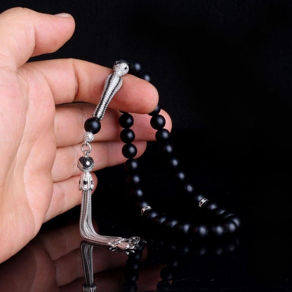 Zirkon Taş Gümüş Püsküllü Mat Oniks Taşı Tesbih