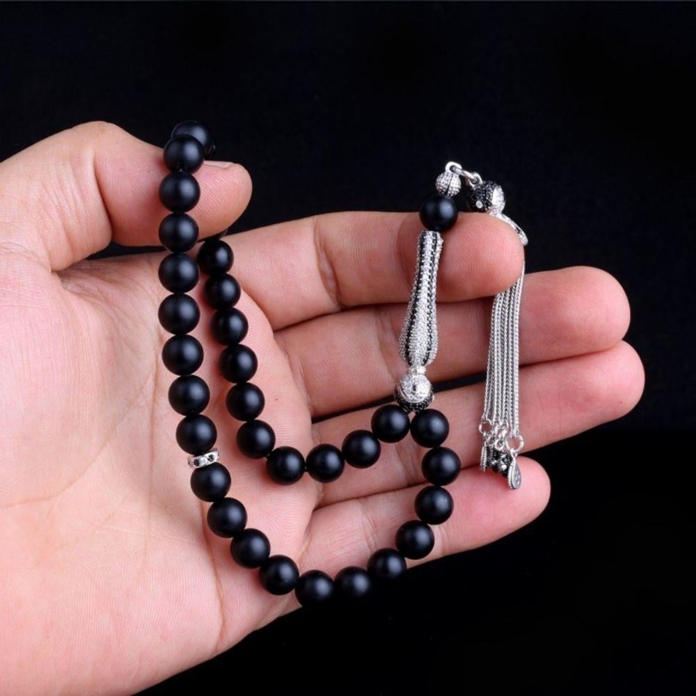 Zirkon Taş Gümüş Püsküllü Mat Oniks Taşı Tesbih