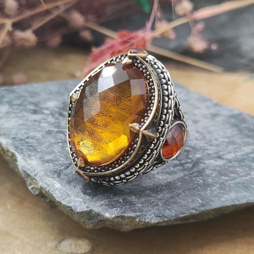 Zirkon Taş İçi Ayetel Kürsi İşlemeli Gümüş YüzükAyetel Kürsi Yüzük