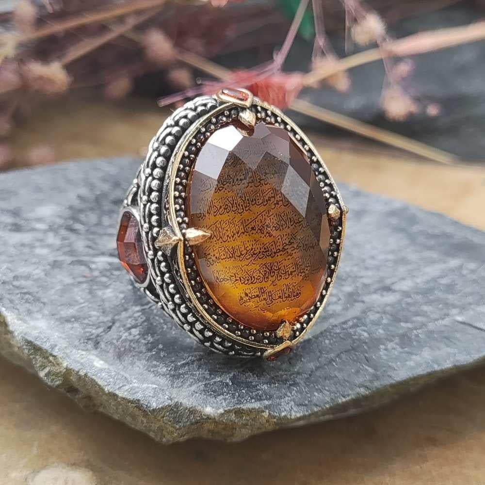 Zirkon Taş İçi Ayetel Kürsi İşlemeli Gümüş YüzükAyetel Kürsi Yüzük