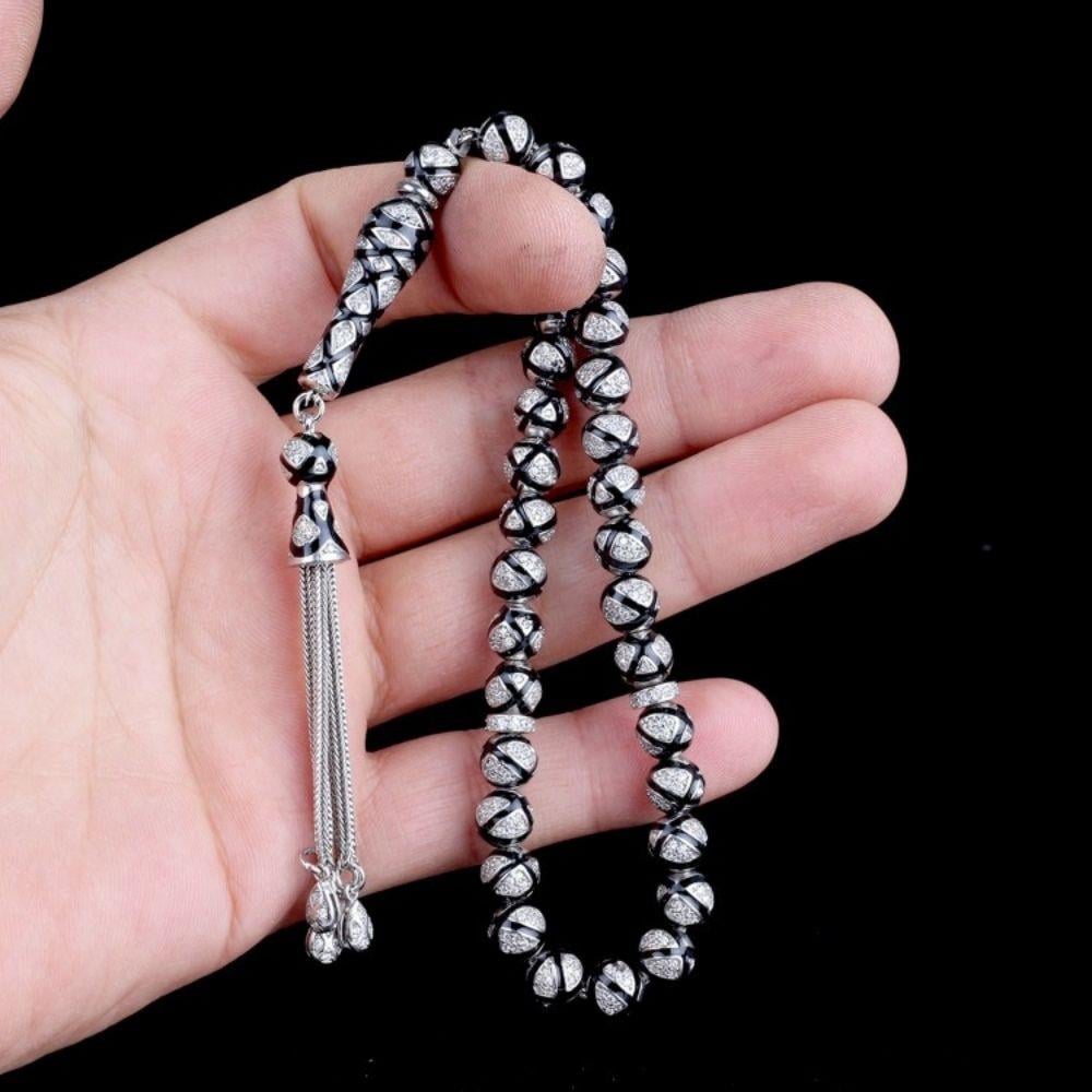 Zirkon Taş Siyah Mineli 925 Ayar Gümüş Tesbih