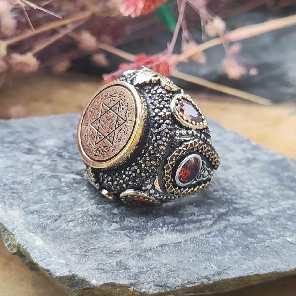 Zirkon Taş Süslemeli Süleyman Mührü Gümüş YüzükSeal of Solomon Ring