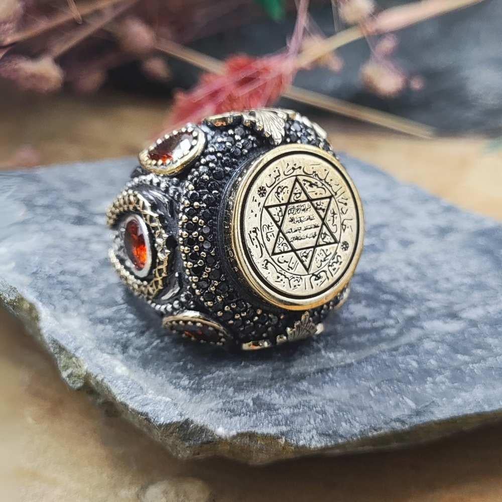 Zirkon Taş Süslemeli Süleyman Mührü Gümüş YüzükSeal of Solomon Ring