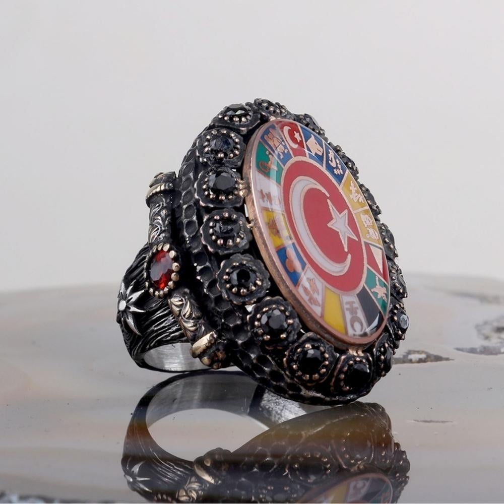 Zirkon Taşlı 16 Türk Devleti Gümüş Yüzük16 Türk Devleti Yüzük