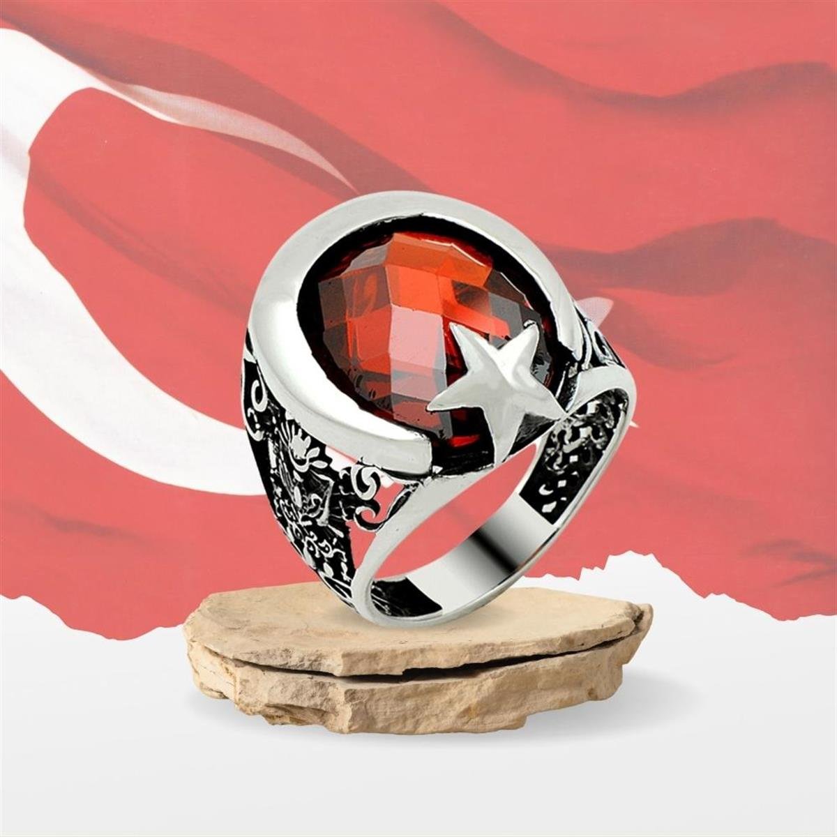 Zirkon Taşlı Ay Yıldız Desenli Osmanlı Tuğra Motifli Gümüş Erkek Yüzük