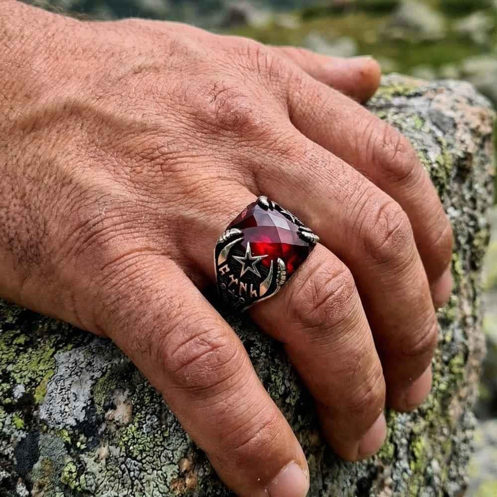 Zirkon Taşlı Ay Yıldız İçi Göktürkçe Türk Yazılı Gümüş YüzükGöktürkçe Türk Yazılı Yüzükler