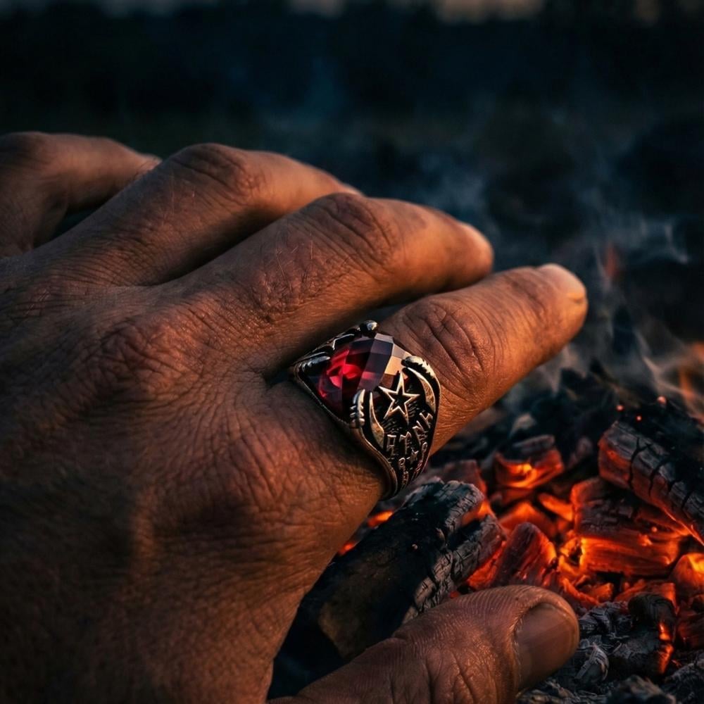 Zirkon Taşlı Ay Yıldız İçi Göktürkçe Türk Yazılı Gümüş YüzükGöktürkçe Türk Yazılı Yüzükler