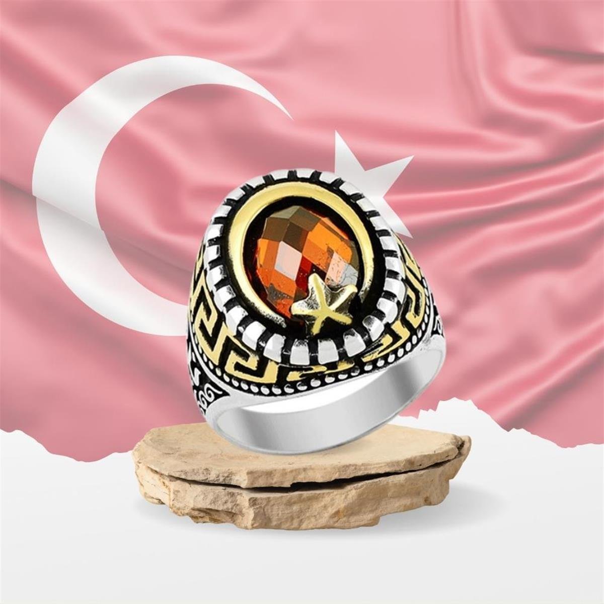 Zirkon Taşlı Ay Yıldız Model Motifli Gümüş Erkek Yüzük