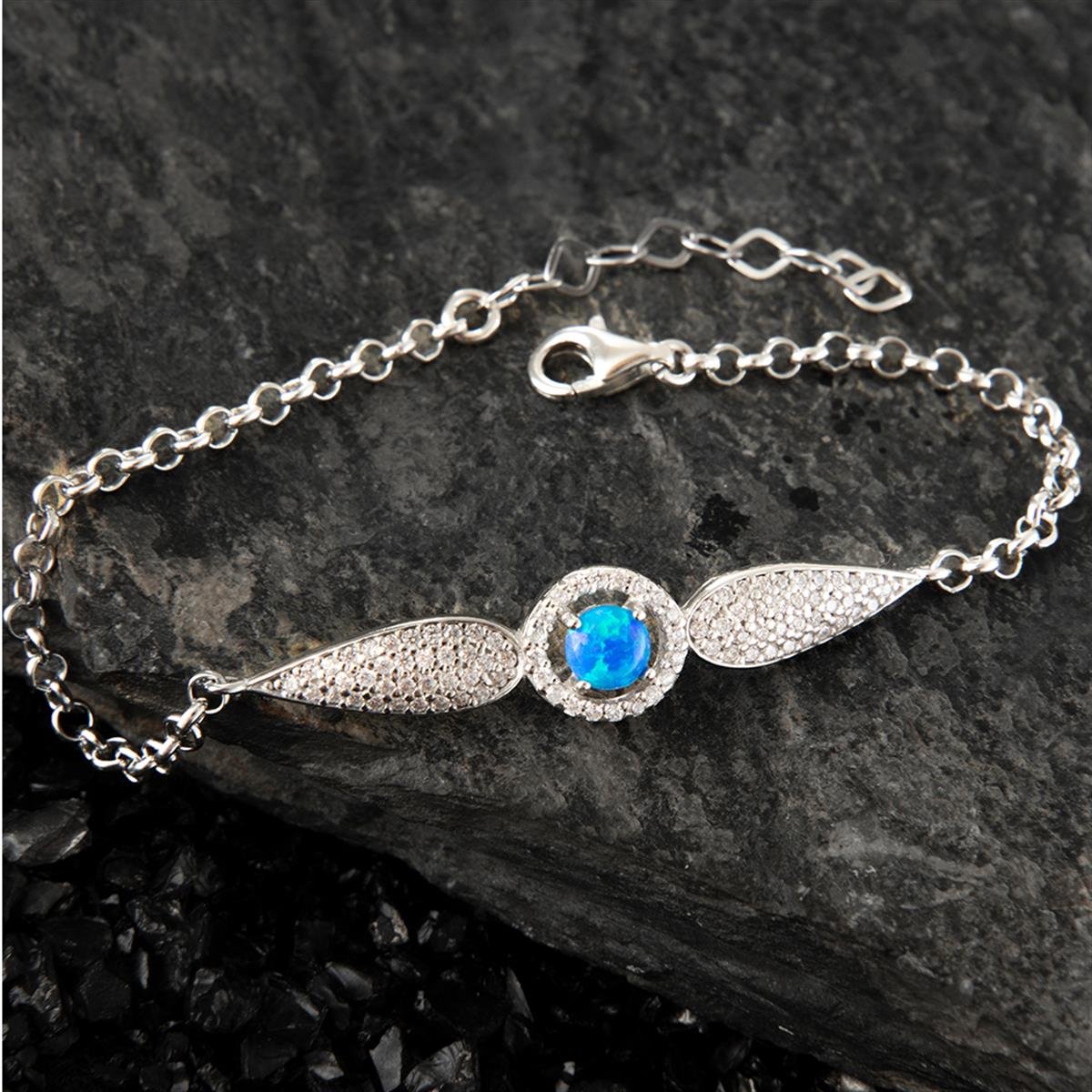 Zirkon Taşlı Damla Model Mavi Opal Gümüş Bileklik
