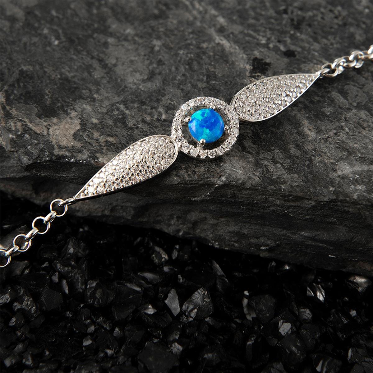 Zirkon Taşlı Damla Model Mavi Opal Gümüş Bileklik