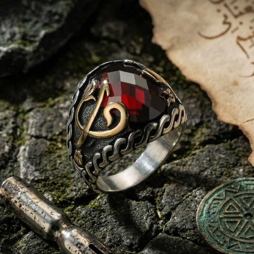 Zirkon Taşlı Elif Vav ve Elif Motifli Erkek Gümüş YüzükElif Vav Yüzük