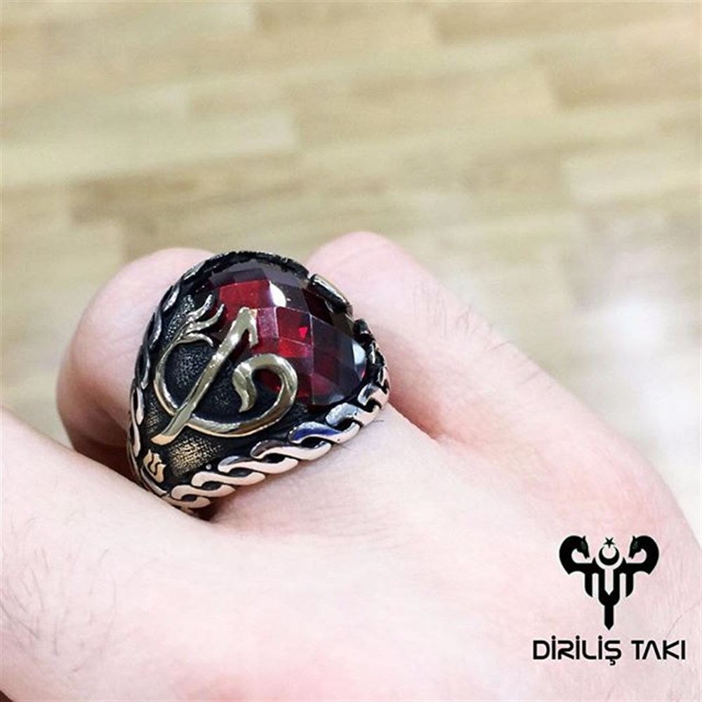 Zirkon Taşlı Elif Vav ve Elif Motifli Gümüş Yüzük