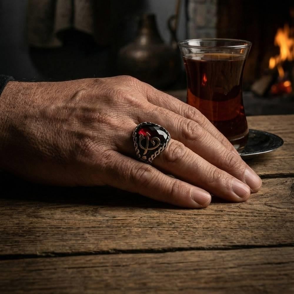 Zirkon Taşlı Elif Vav ve Elif Motifli Erkek Gümüş YüzükElif Vav Yüzük