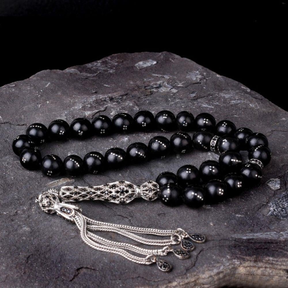 Zirkon Taşlı Gümüş Püskül Gürcistan Oltu Taşı Tesbih