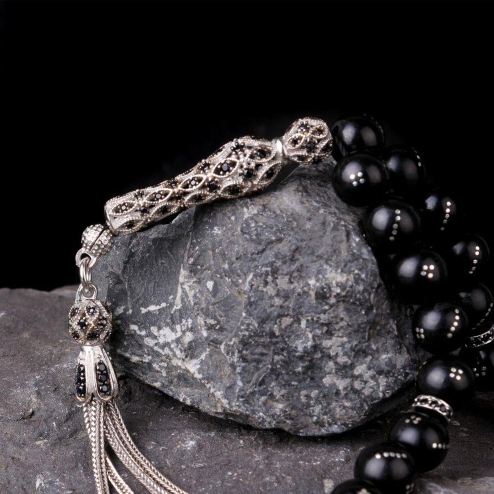 Zirkon Taşlı Gümüş Püskül Gürcistan Oltu Taşı Tesbih