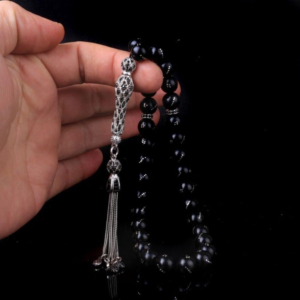 Zirkon Taşlı Gümüş Püskül Gürcistan Oltu Taşı Tesbih