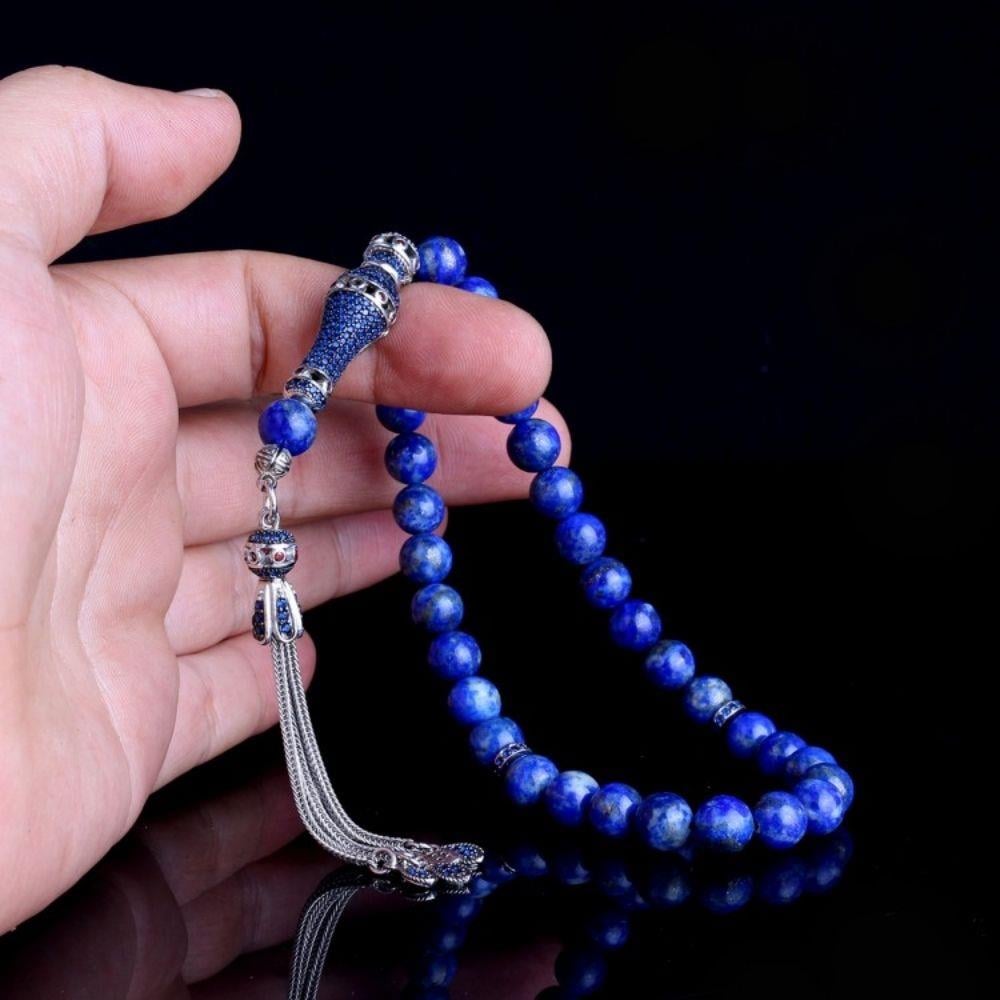 Zirkon Taşlı Gümüş Püskül Hakiki Lapis Taşı Tesbih