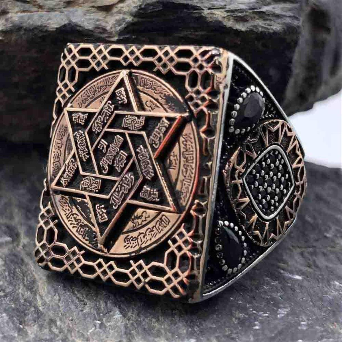 Zirkon Taşlı İsmi Azam Süleyman Mührü Erkek Gümüş Yüzük