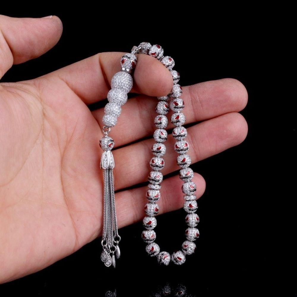 Zirkon Taşlı Kırmızı Mineli 925 Ayar Gümüş Tesbih