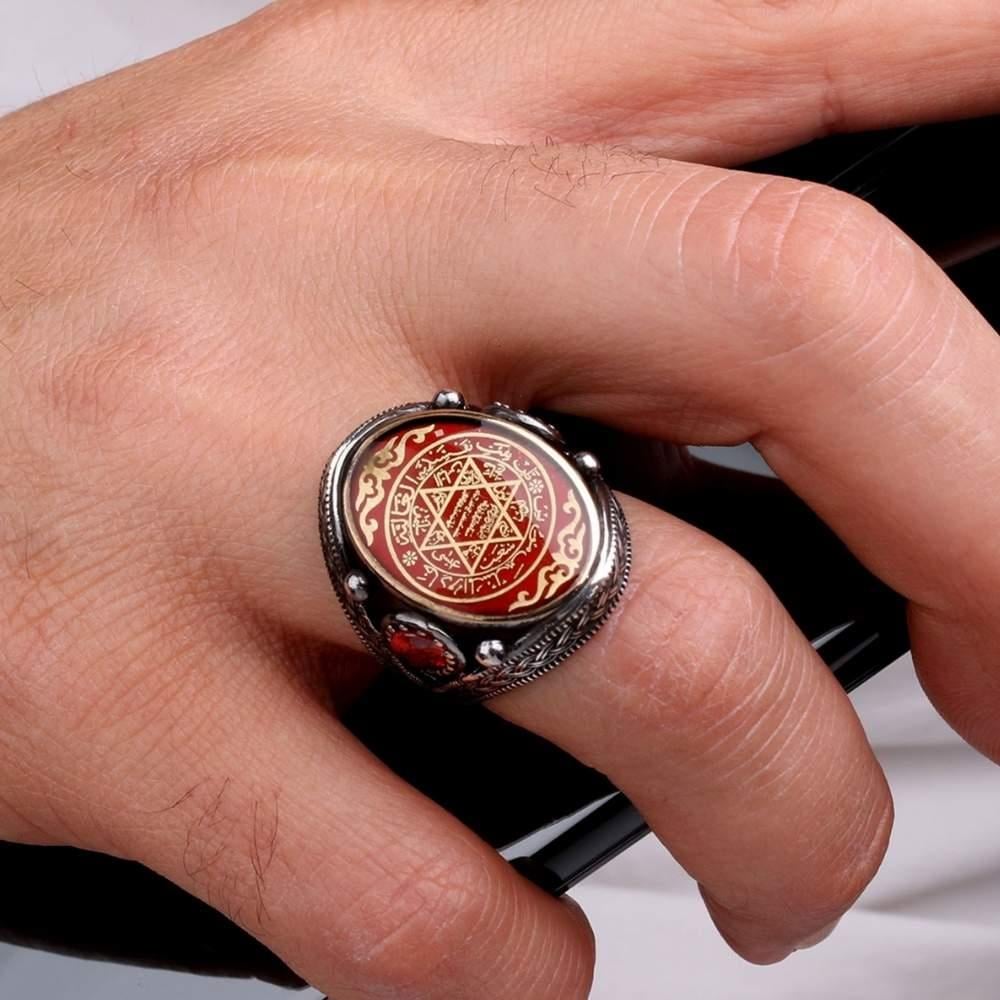Zirkon Taşlı Kırmızı Mineli Süleyman Mührü Gümüş YüzükSüleyman Mührü Yüzükler