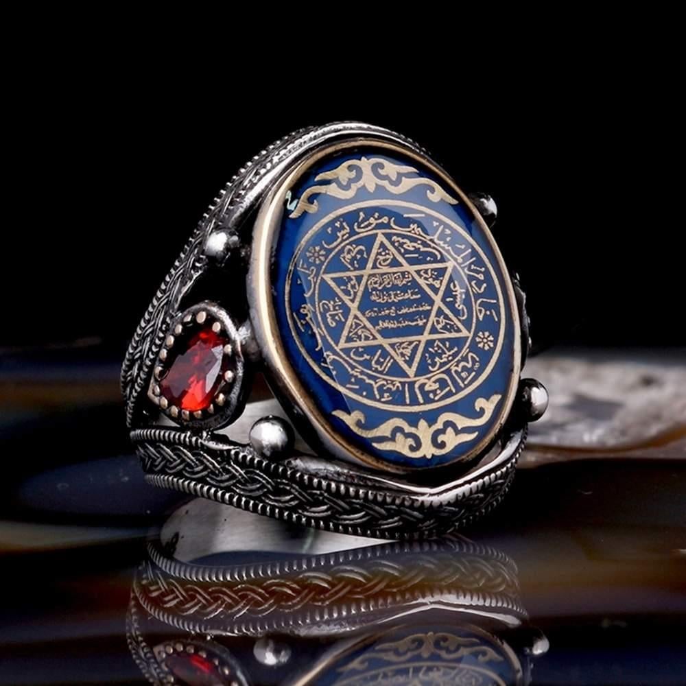Zirkon Taşlı Mavi Mineli Süleyman Mührü Gümüş YüzükSüleyman Mührü Yüzükler