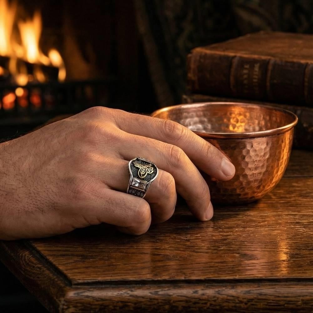 Zirkon Taşlı Osmanlı Tuğralı Gümüş Erkek YüzükTuğra Yüzük