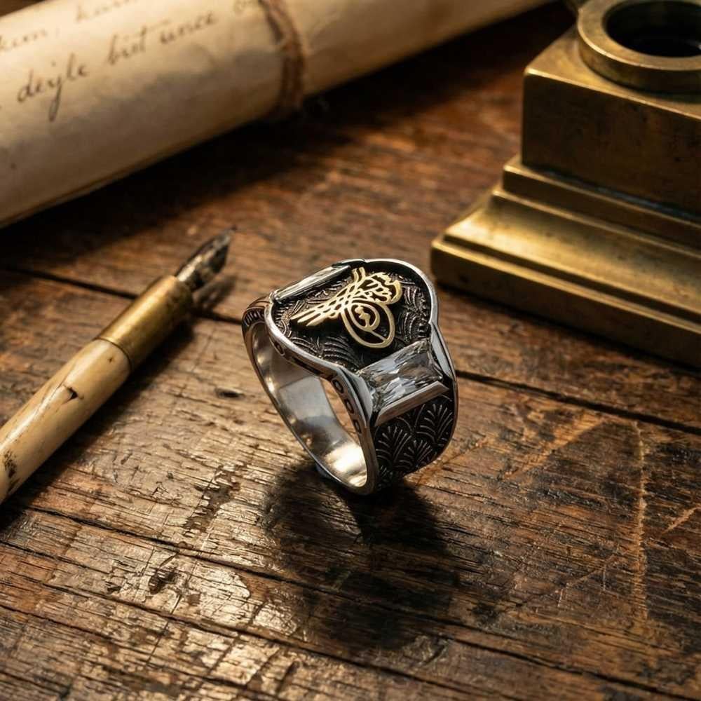 Zirkon Taşlı Osmanlı Tuğralı Gümüş Erkek YüzükTuğra Yüzük