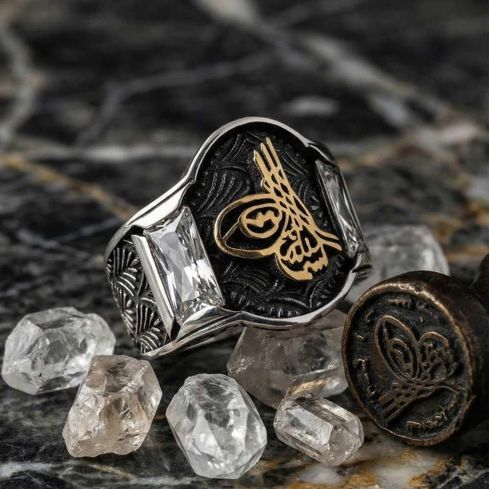 Zirkon Taşlı Osmanlı Tuğralı Gümüş Erkek YüzükTuğra Yüzük