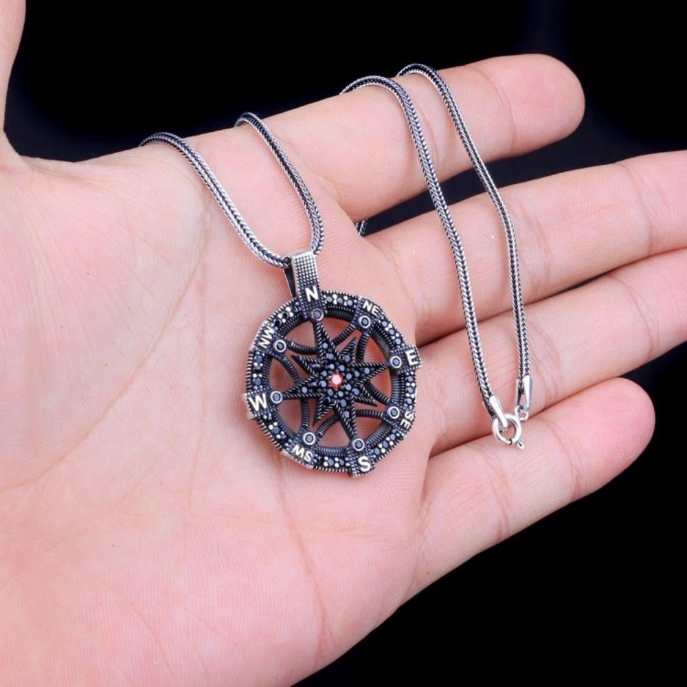 Zirkon Taşlı Pusula Model Gümüş Kolye