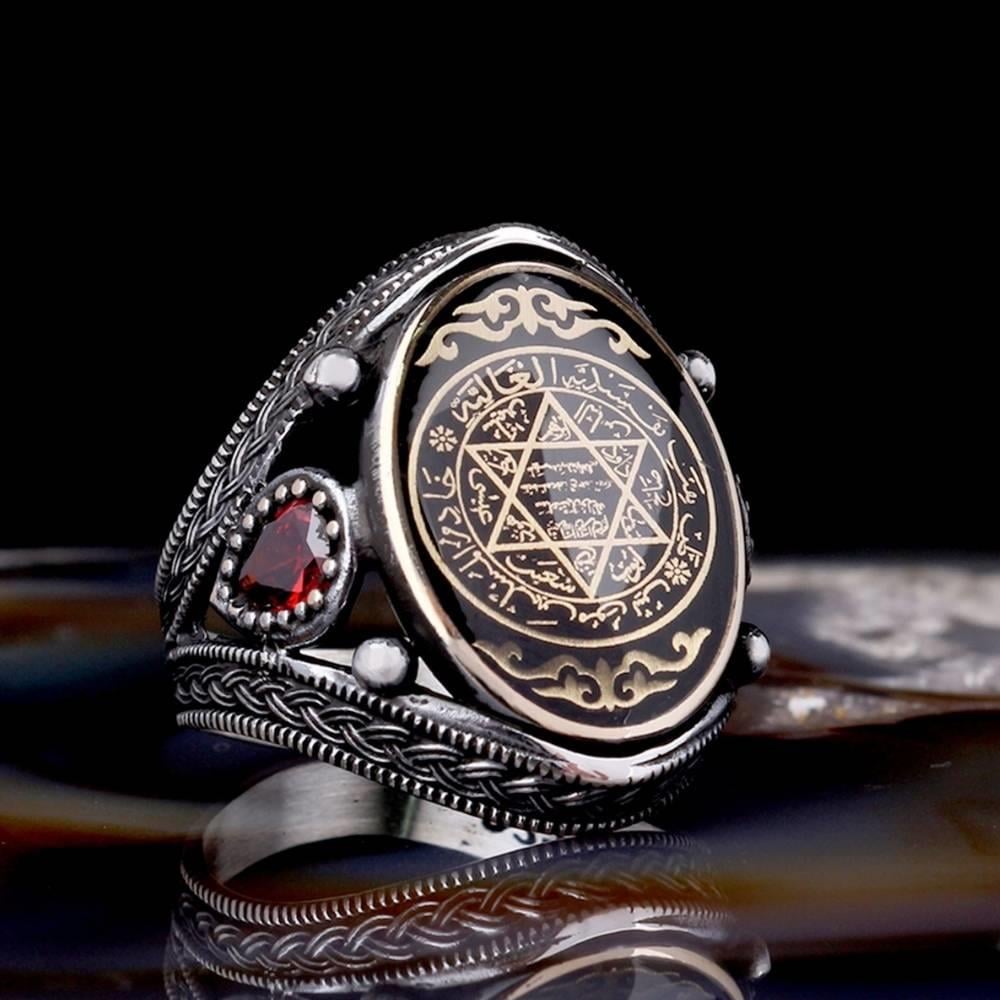 Zirkon Taşlı Siyah Mineli Süleyman Mührü Gümüş YüzükSeal of Solomon Ring