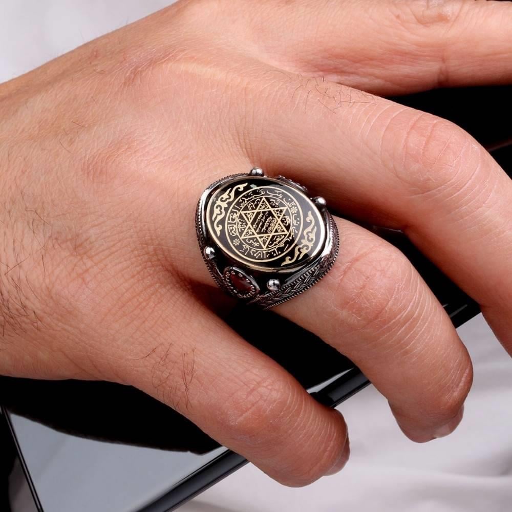Zirkon Taşlı Siyah Mineli Süleyman Mührü Gümüş YüzükSeal of Solomon Ring