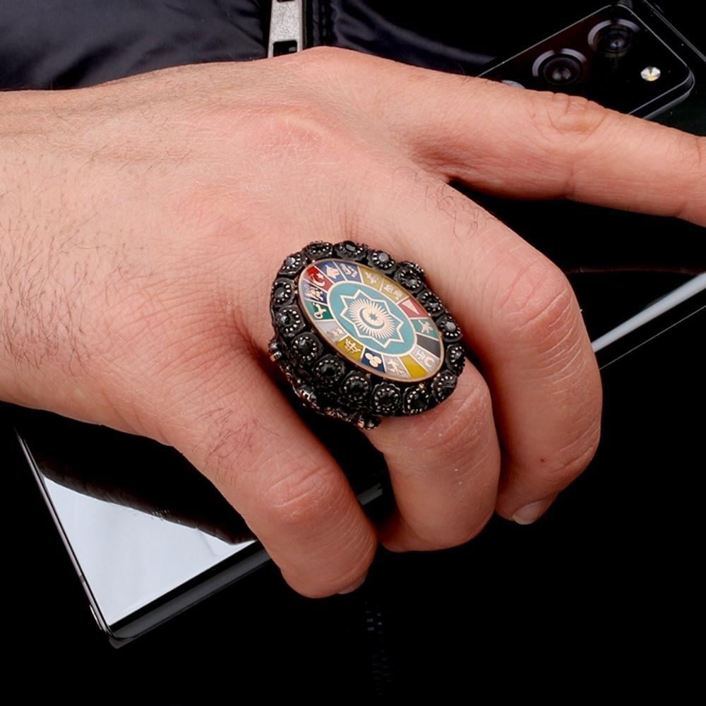 Zirkon Taşlı Türk Teşkilatı 16 Türk Devleti Gümüş Yüzük16 Türk Devleti Yüzük