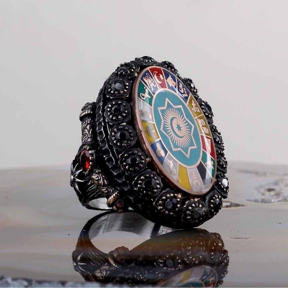 Zirkon Taşlı Türk Teşkilatı 16 Türk Devleti Gümüş Yüzük16 Türk Devleti Yüzük