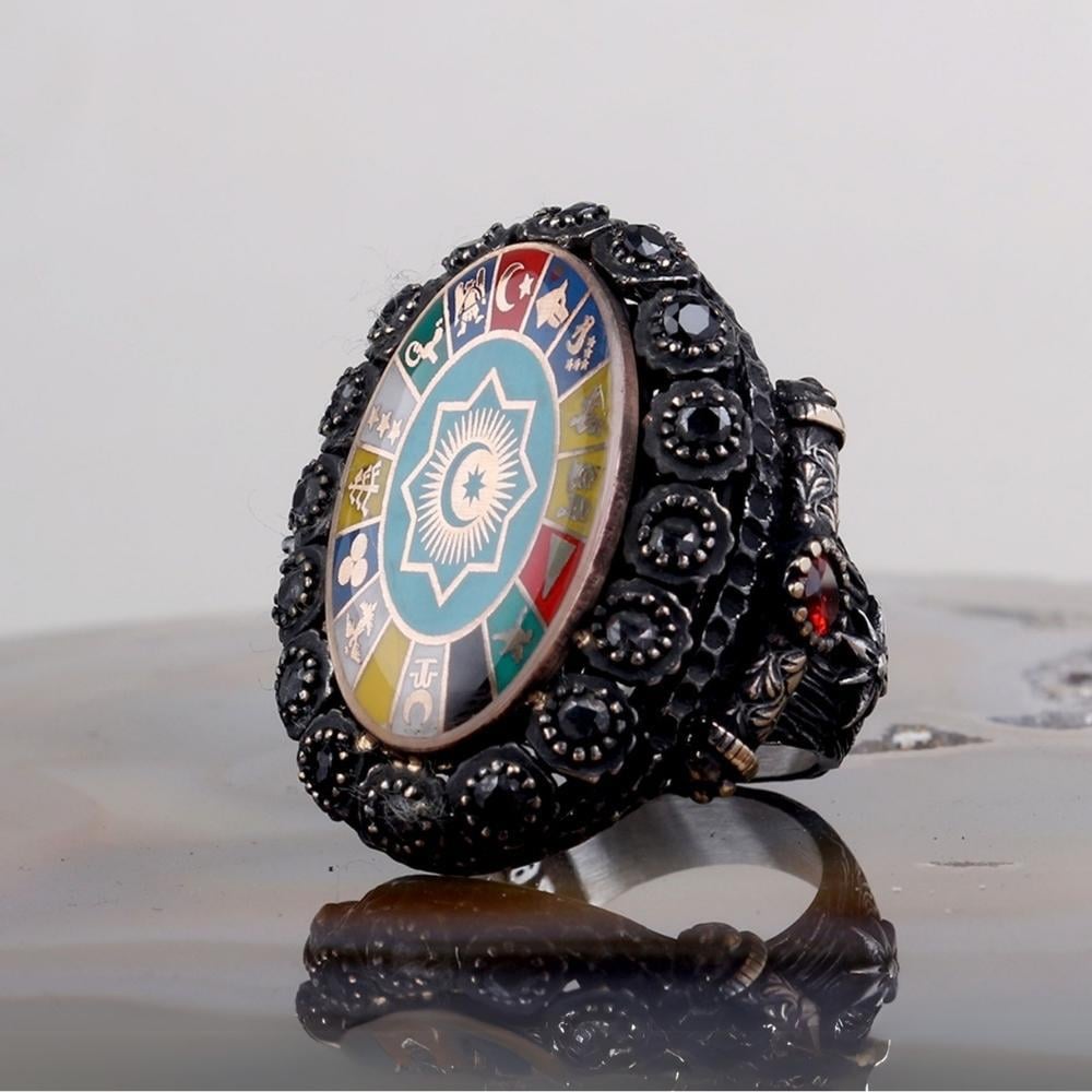 Zirkon Taşlı Türk Teşkilatı 16 Türk Devleti Gümüş Yüzük16 Türk Devleti Yüzük