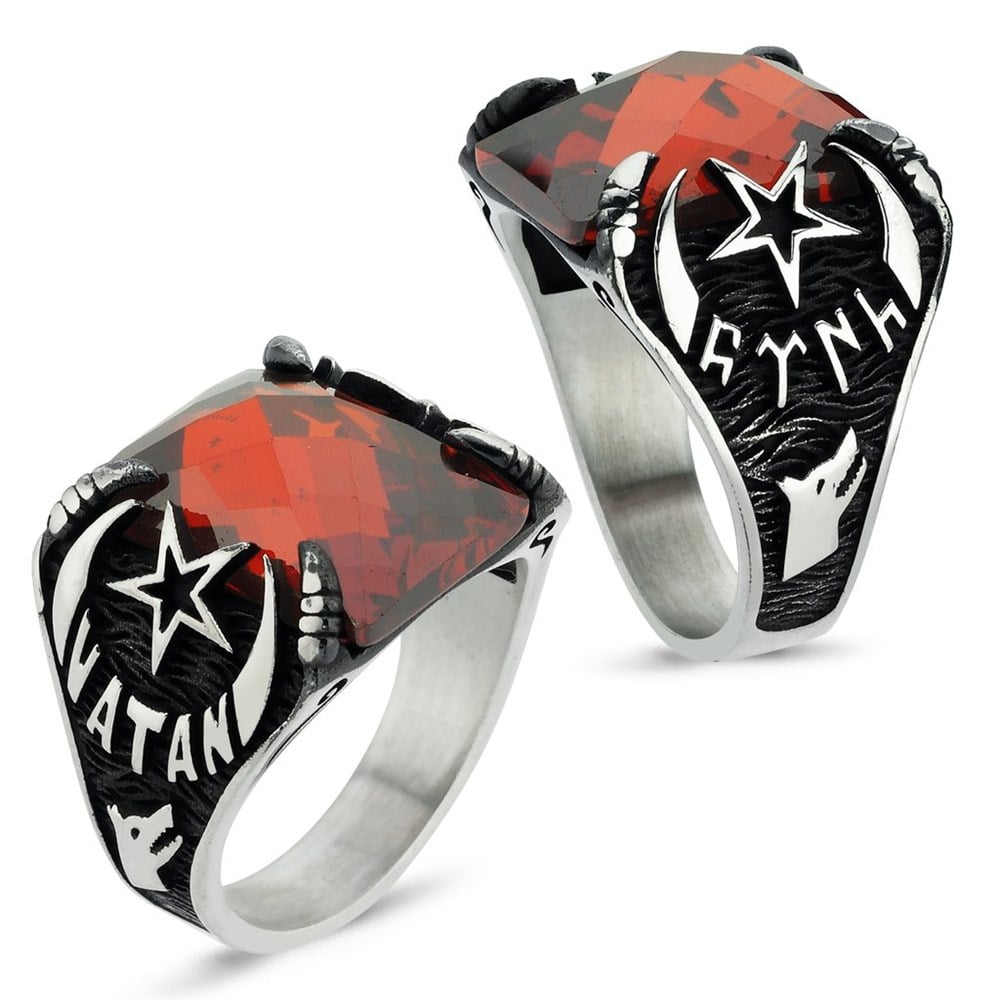 Zirkon Taşlı Yanları Ay Yıldız İçi Göktürkçe Türk ve Vatan Yazılı Gümüş Yüzük