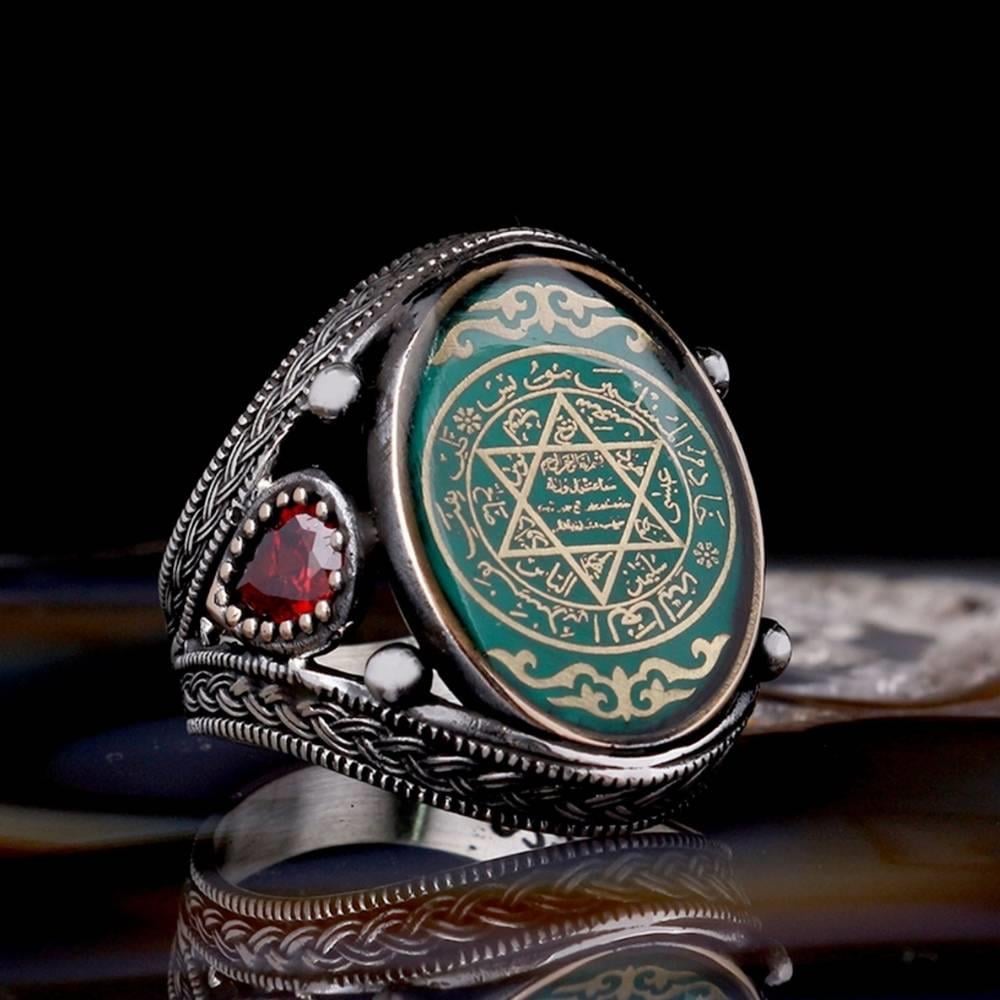 Zirkon Taşlı Yeşil Mineli Süleyman Mührü Gümüş YüzükSeal of Solomon Ring