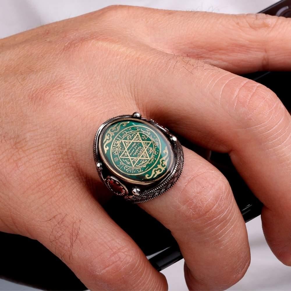 Zirkon Taşlı Yeşil Mineli Süleyman Mührü Gümüş YüzükSeal of Solomon Ring