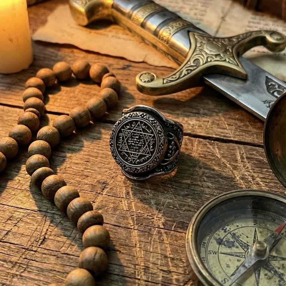 Zülfikar Kılıcı Motifli Üzeri Mührü Süleyman Gümüş YüzükSüleyman Mührü Yüzükler