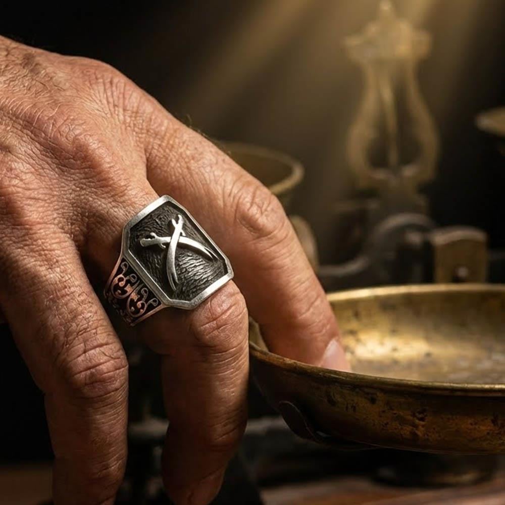 Zülfikar Kılıcı Siyah Zeminli Gümüş YüzükZülfikar Kılıcı Yüzük