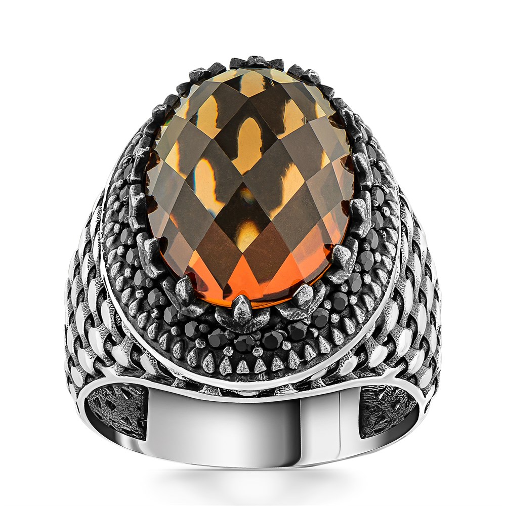 Zultanit Taşlı Kenarları Mikro Taşlı Gümüş Erkek Yüzük