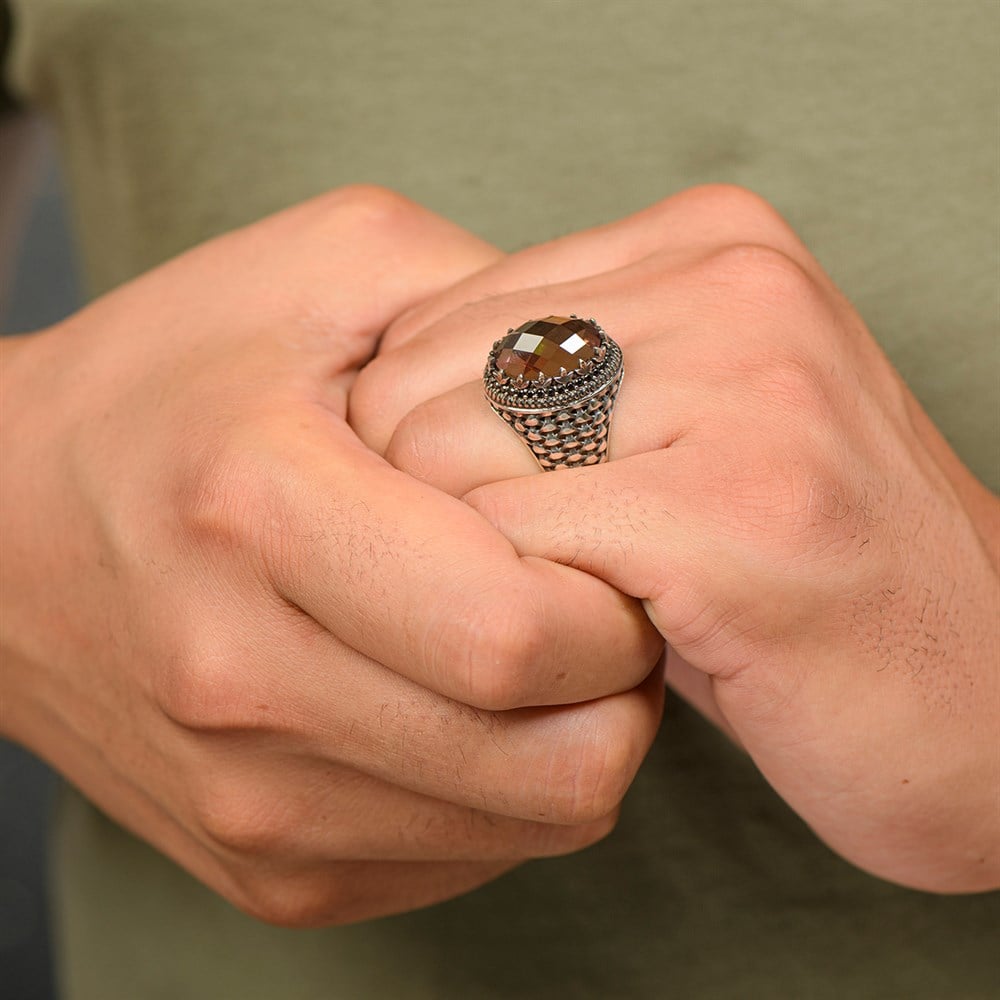 Zultanit Taşlı Kenarları Mikro Taşlı Gümüş Erkek Yüzük