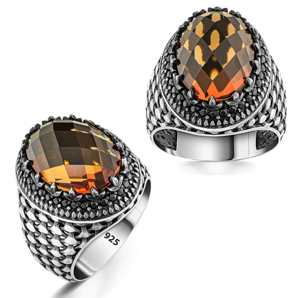 Zultanit Taşlı Kenarları Mikro Taşlı Gümüş Erkek Yüzük