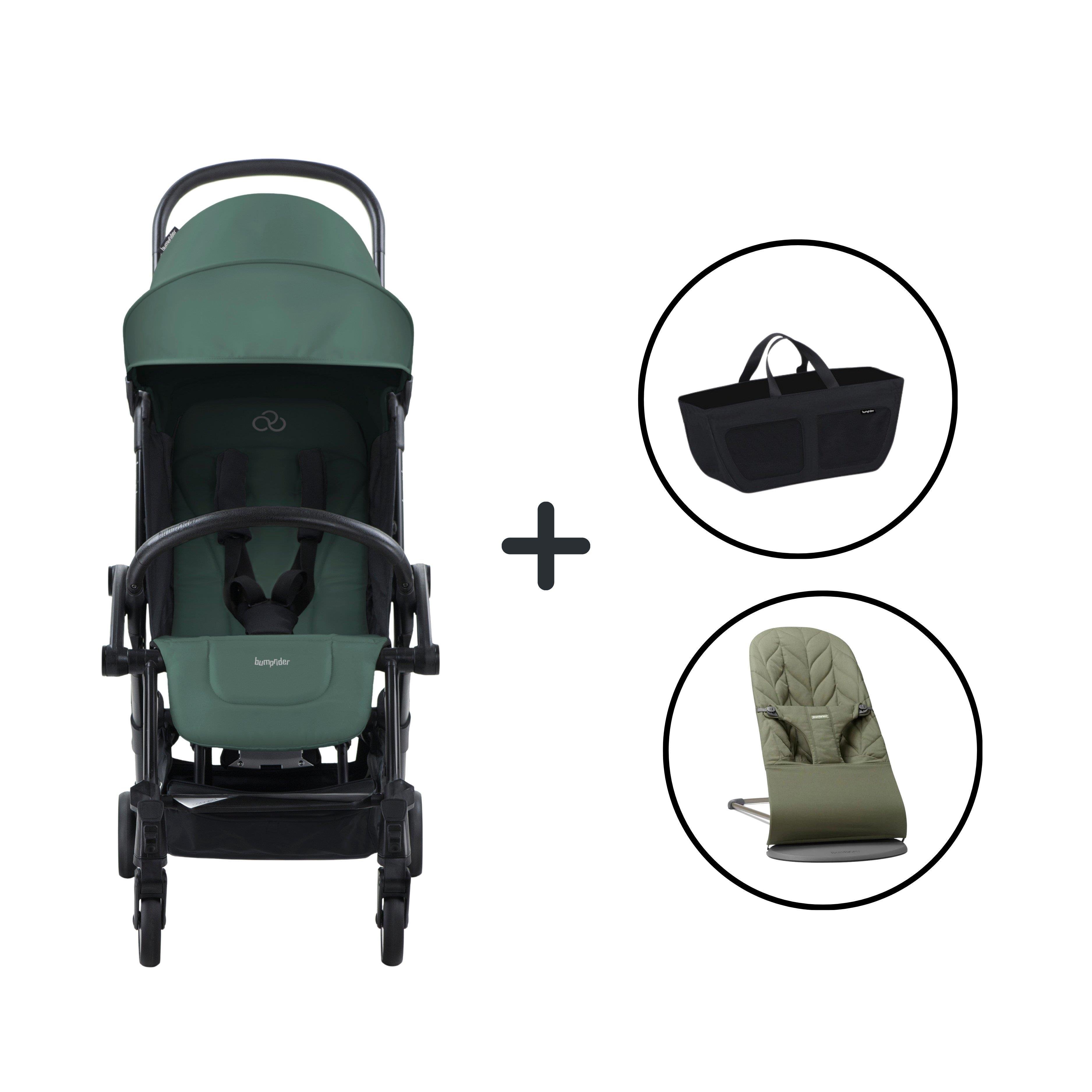 BabyBjörn Bliss Ana Kucağı Petal Woven Dark Geen & Bumprider Connect³ Black-Olive Bebek Arabası - Yan Düzenleyici Çanta