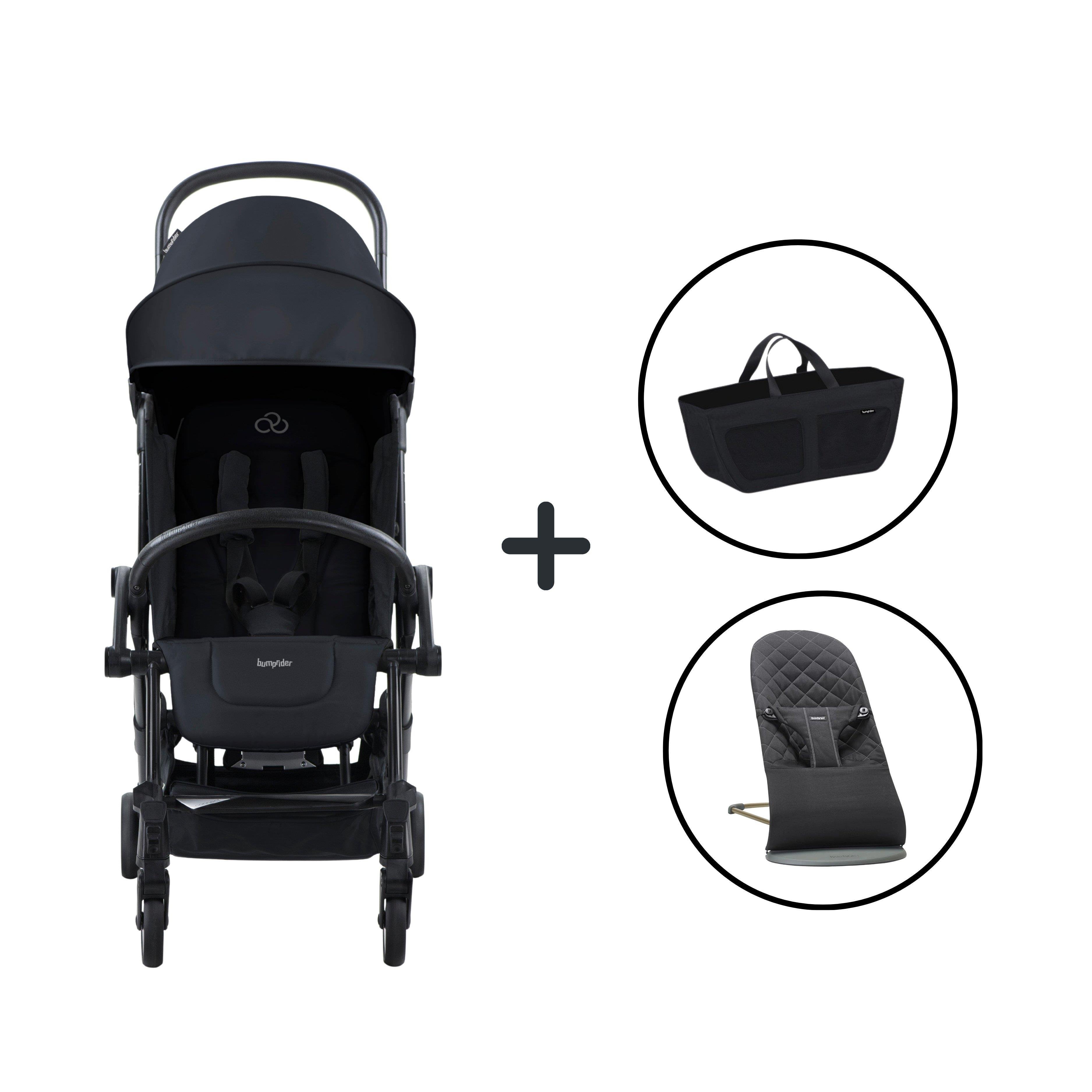 BabyBjörn Bliss Ana Kucağı Woven Black & Bumprider Connect³ Bebek Arabası Black-Black & Yan Düzenleyici Çanta